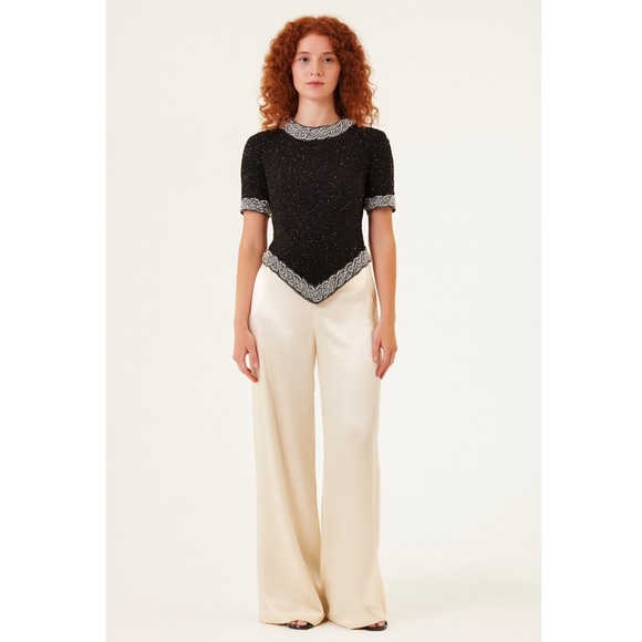 VINTAGE Silk Faux Pearl Trim Beaded Short Sleeve Pointed Hem Evening Wear Top S - Picture 4 of 6